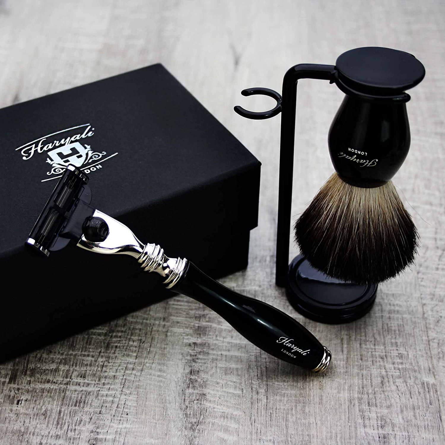 Haryali London Set da barba da uomo 3 Edge rasoio, pennello da barba e supporto da barba