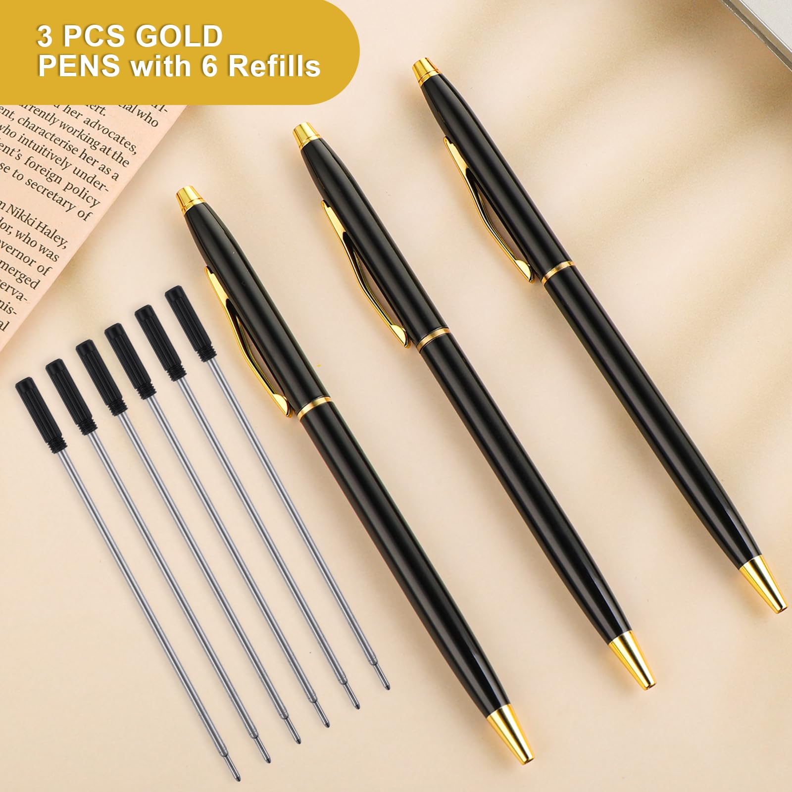 3er Set Metall-Kugelschreiber Schlank, Schwarze Tinte, Edles Geschenk Für Büro, Hochzeit Oder Weihnachten (Gold)