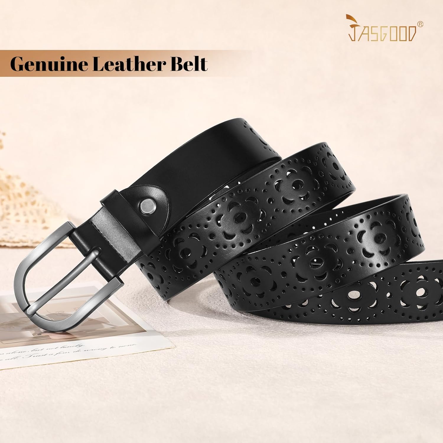 JASGOOD Hollow Genuine Leather Belt for Women Ladies Belt for Jeans Pants Casual Waist Belt - Image 3