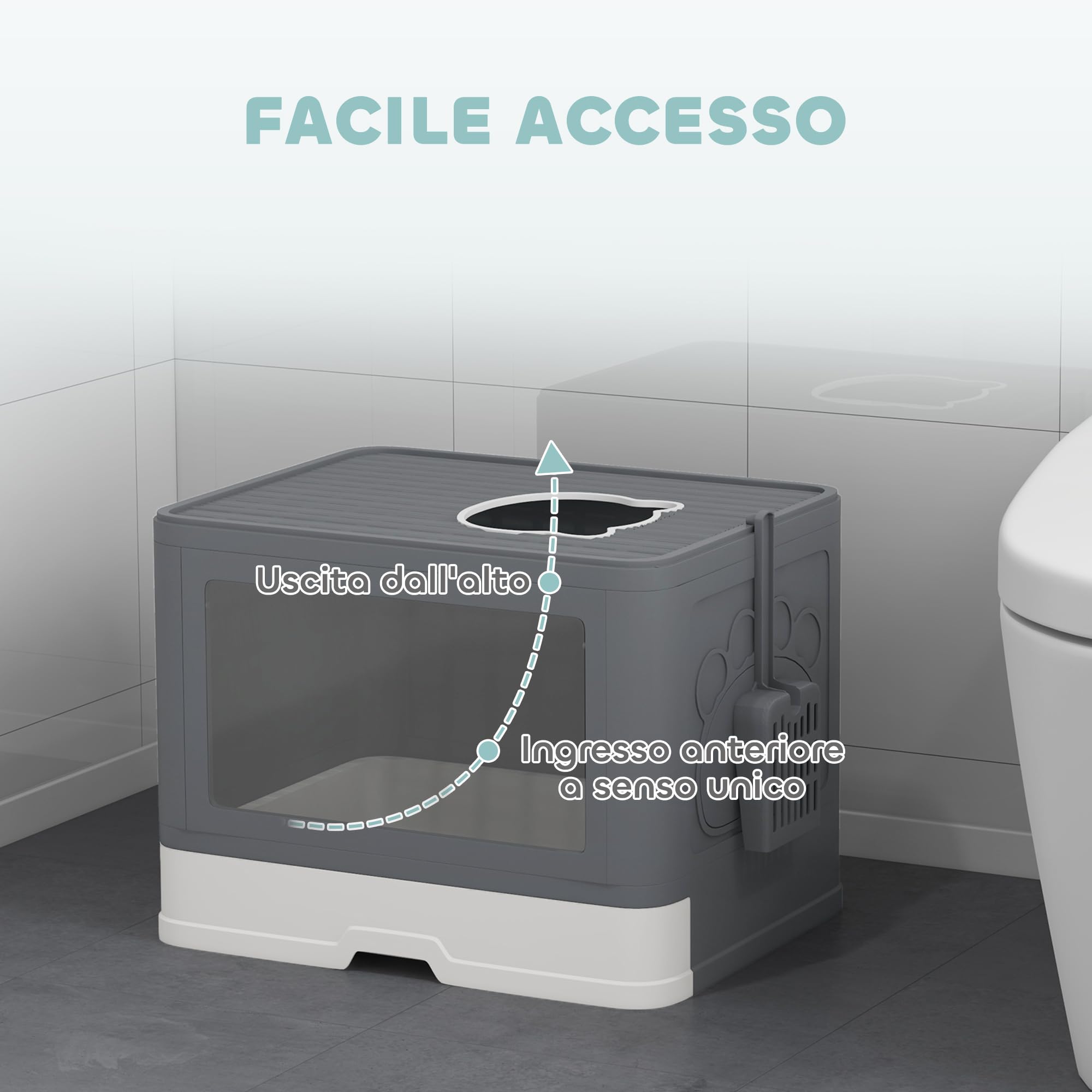 PawHut Lettiera per Gatti Chiusa con Coperchio Apertura Frontale Grigio | Toilette per Gatti, Doppia Entrata Frontale e Superiore, Cassetto Estraibile, Paletta e Spazzola, Facile da Pulire