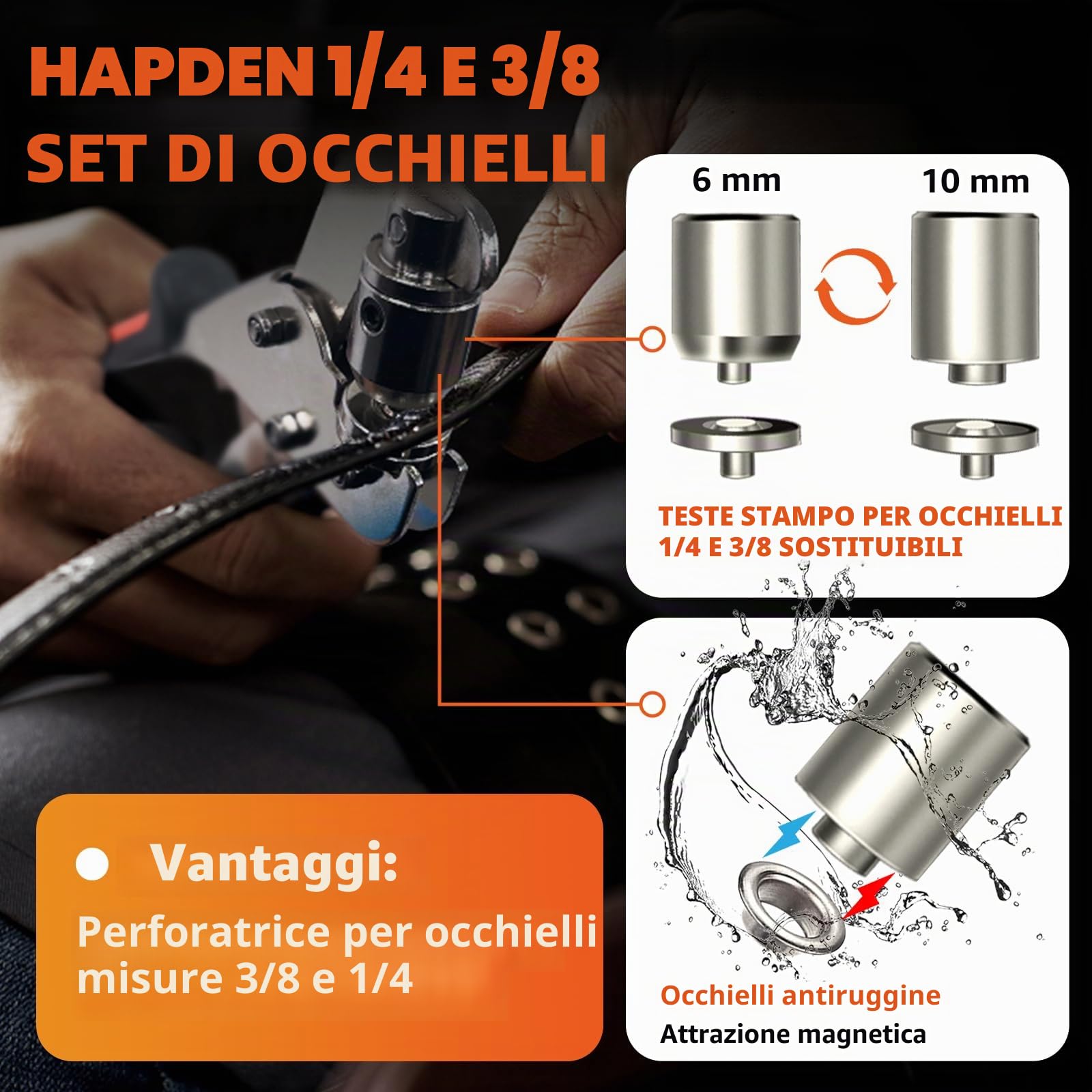 HAPDEN Pinza per Occhielli per Teloni e Tessuti 6mm e 10mm, Set di Occhiellatrice per Teloni con 200 Occhielli e kit di strumenti, Professionali Occhiellatrice Manuale