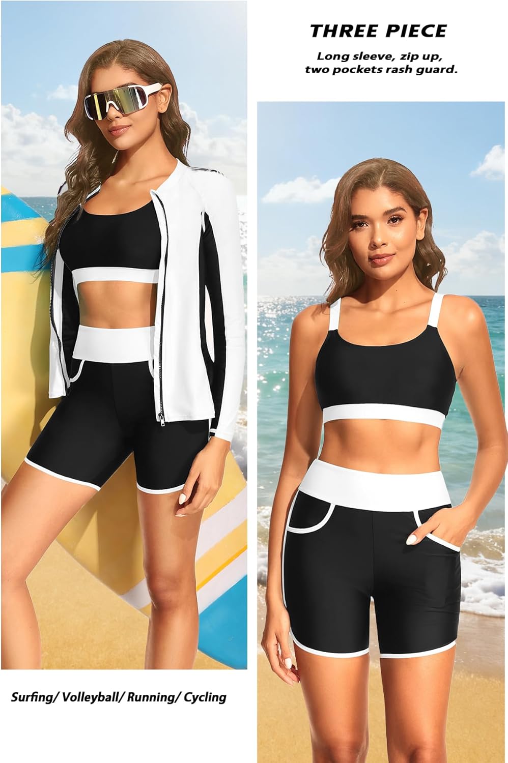 Women 3 Piece Rash Guard - Long Sleeve Swimsuit Built in Bra Swim Shirt Zip Bathing Suit with Pocket Shorts - Image 5