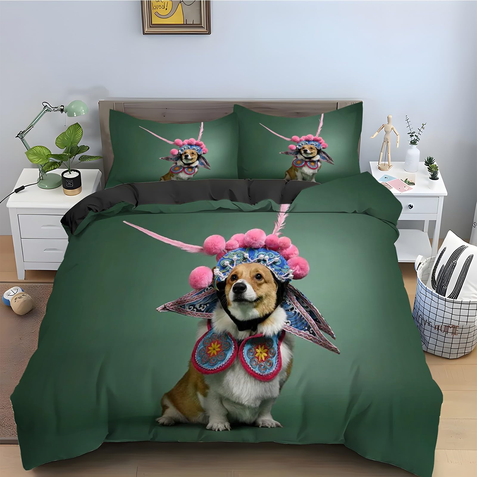 Parure de lit 90x190 chiot avec housse de couette en microfibre et 2 taies d'oreiller