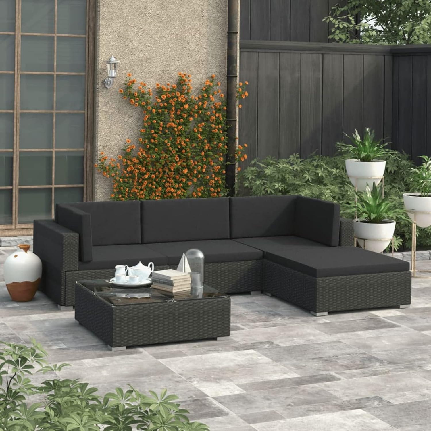 Deufre Juego de Muebles de Jardín,Sofá Exterior,Conjunto Jardín 5 Piezas de Ratán, Muebles de Terraza,Sofa Jardin Exterior,Lounge Sofá, con Cojines para Terraza Balcón (Negro)