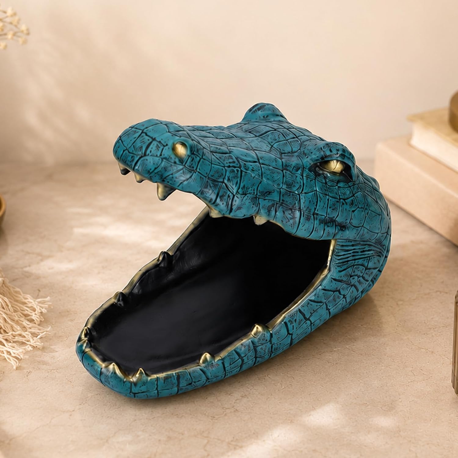 Alligator Statue, Gator Bowl Candy Dish and Key Holder, Gold Accent Animal Decorative Bowl for Office Desk, Entryway Table, Shelf Decor, Alligator Gift Statue