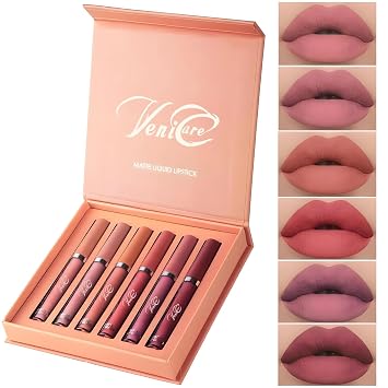 VeniCare 6Pcs Matte Liquid Lipstick Makeup Set, Matte liquid Long-Lasting Wear Non-Stick Cup Not Fade Waterproof Lip Gloss Set B