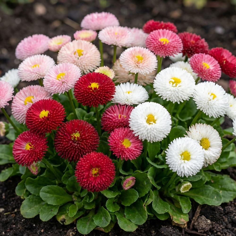 Bellis Perennis Tasso Mixed Seeds – Double Daisy Mix – Compact Spring Flowering Border Plant – Hardy Biennial for Beds, Edging & Containers – Colourful Pom-Pom Blooms