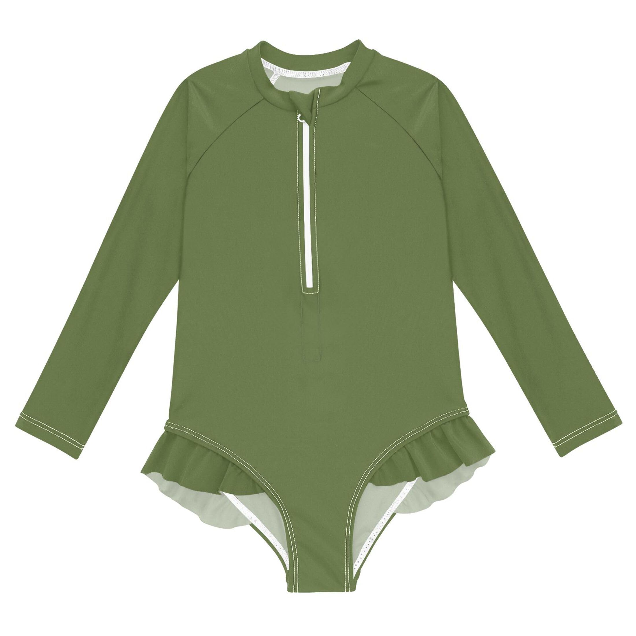 UMIRIKO Dark Olive Green Girls Long Sleeve Swimsuits One Piece Rash Guard Bathing Suit UPF50+ Toddler Kids Zipper