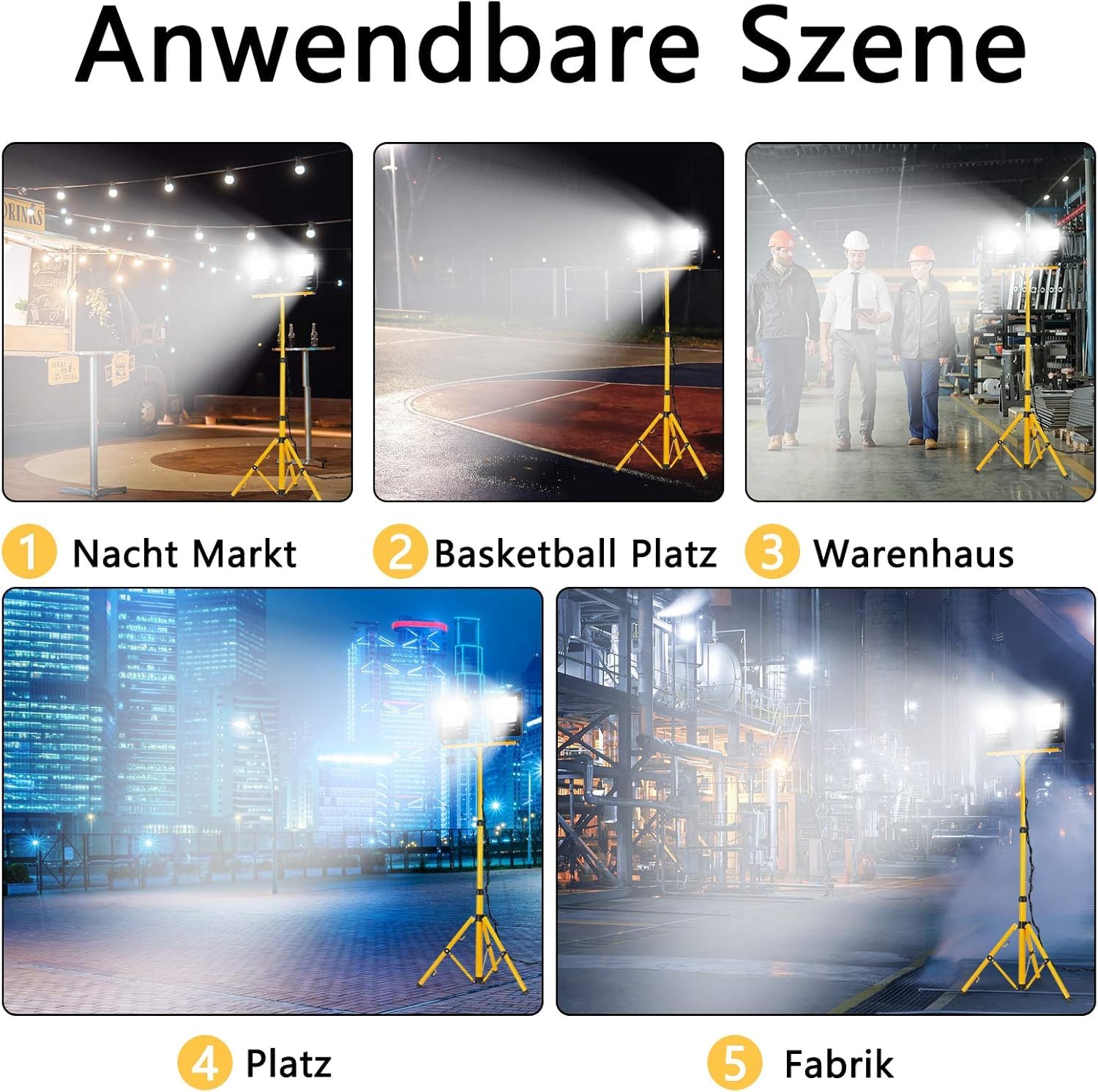 FIVMEN Baustrahler 2x100W 8500LM LED Strahler Arbeitsleuchte mit Verstellbarer Stativ und 3m Kabel Stecker Baulampe Arbeitsscheinwerfer Wasserdicht IP66 für Garage Werkstatt Baustelle, Kaltweiß
