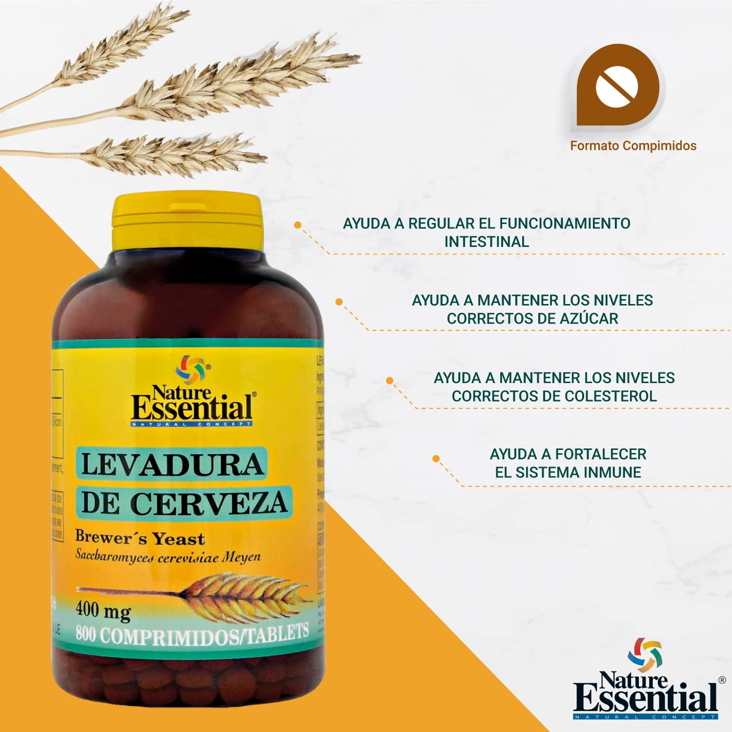 Nature Essential Levadura de Cerveza 400 mg Vitamina B Ayuda a Fortalecer U񡳬 Piel y Cabello - 800 Comprimidos, Pack 3 unidades