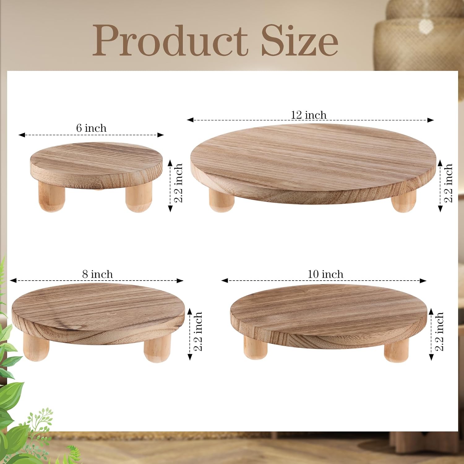 Sintuff 4 Pack Mini Wooden Plant Stool Display Wood Cake Stand 12/10/8/6 Inch Round Plant Risers Holder for Flower Pot Wooden Stool Indoor Outdoor Wood Stand(Beige)