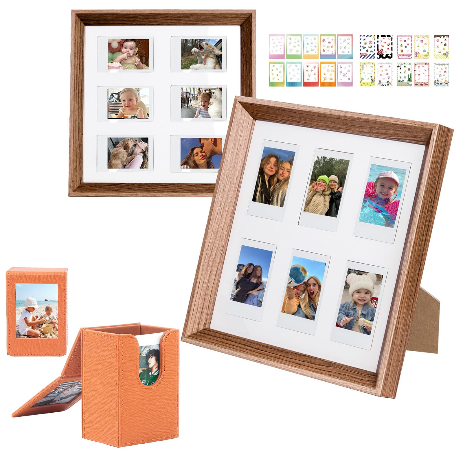 WOGOZAN Mini 3 Inch Film Photo Frame for Fuji Polaroid Instax Mini 12/11/99/EVO Instant Camera, Wooden Frame Holds 2.2x3.4 Inches 6 Photos with Sticker and Picture Holder Case (Only One)(Brown)