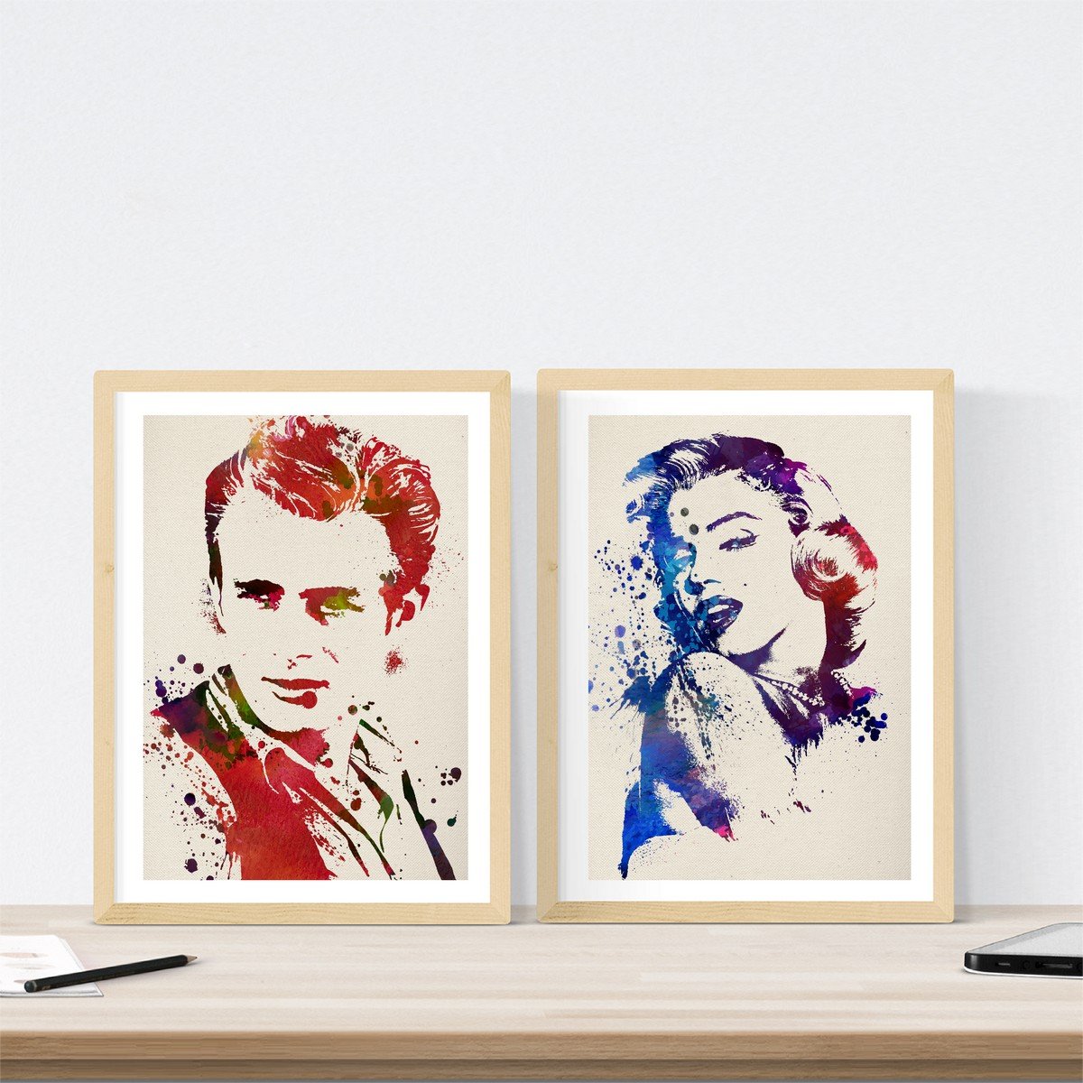Nacnic James Dean and Marilyn Monroe Watercolour Picture Set of 2 Pictures with Pictures of Cinema Classics Unframed A3