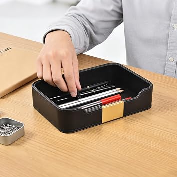 Luxury Leather Pocket Empty Tray Organiser Storage Box Faux Leather Storage Tray Key Shell for Watches Mobile Phones Jewellery Keys Coins Purse and Office Equipment Black