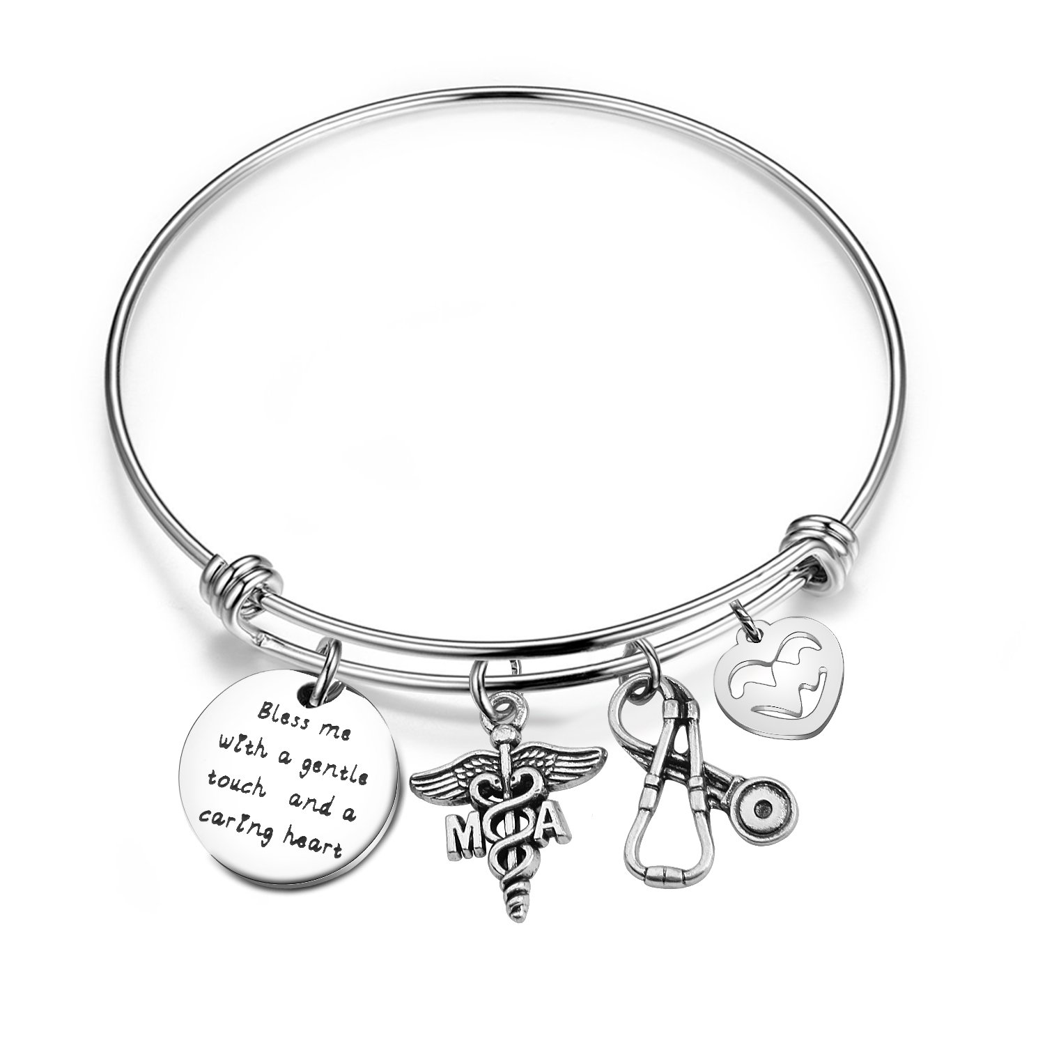 bobaunaMedical Assistant Bracelet with MA Caduceus Stethoscope Heartbeat Charms Gift for Nurse Medical Assistant Bless Me With A Gentle Touch And A Caring Heart