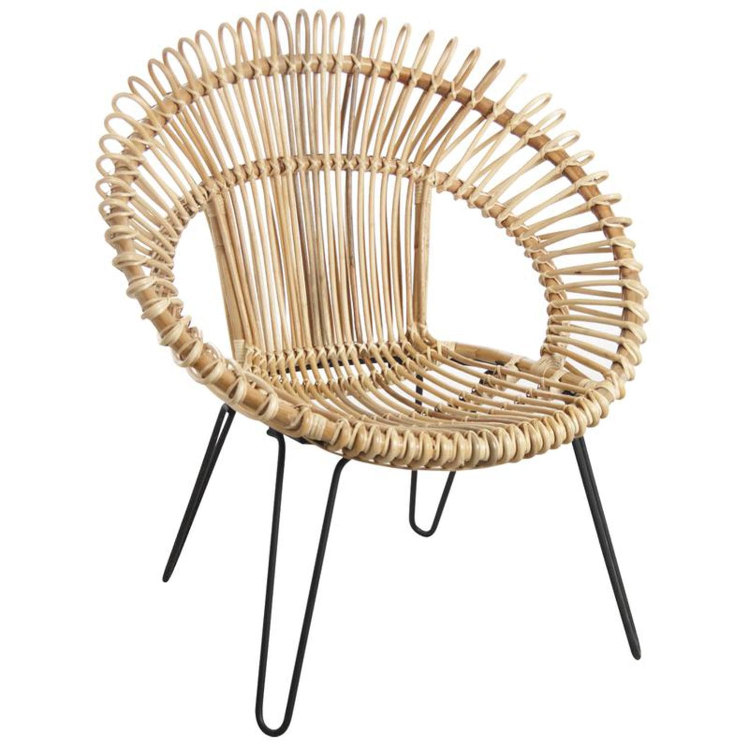 Fauteuil Soleil Rotin Naturel Métal Noir Chaise Rotin Vintage pour Salon et Véranda