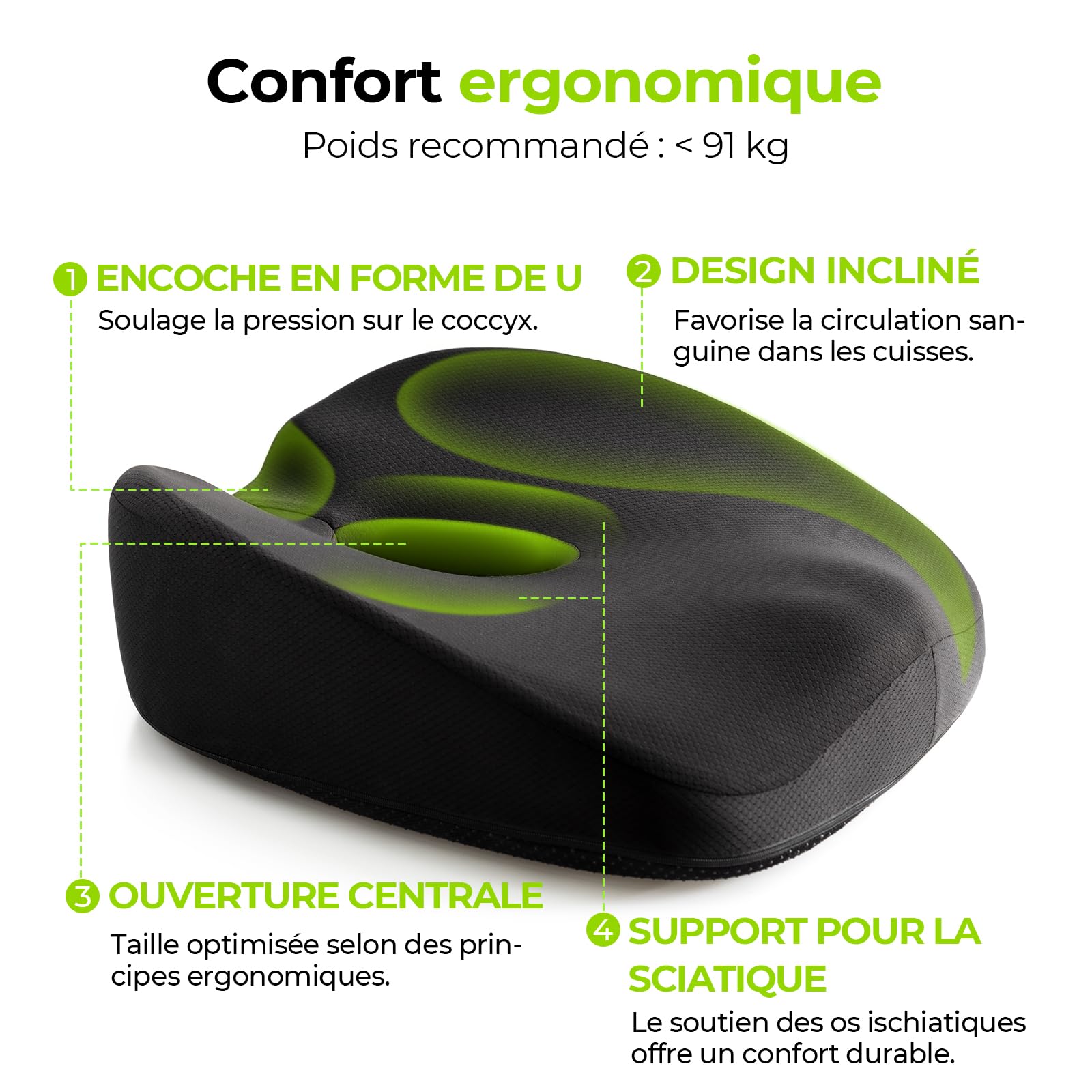 AUVON Coussin Chaise, Coccyx orthopédique, Chaise Bureau Ergonomique mémoire de Forme en U pour soulager Les hémorroïdes et la sciatique, Voiture, Fauteuil Roulant et Grossesse
