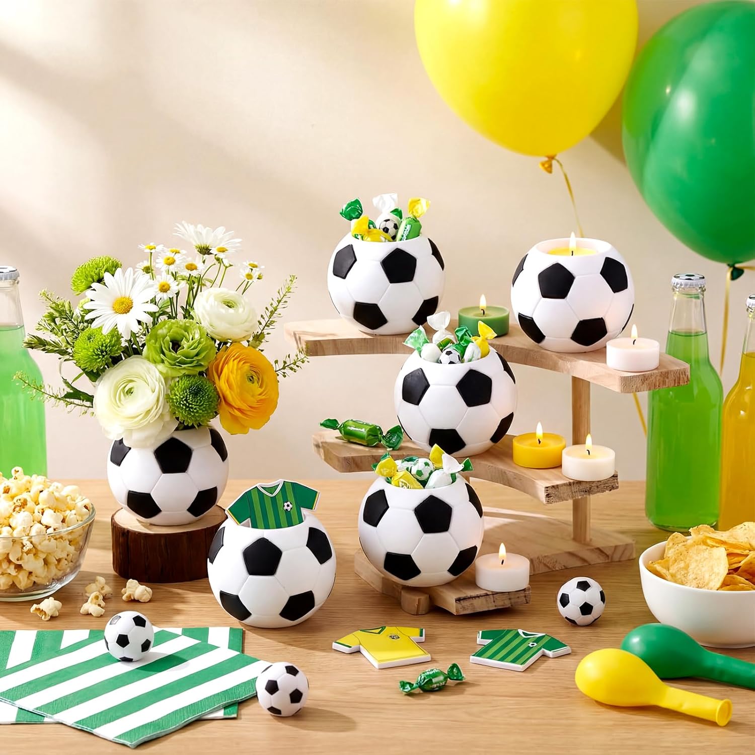 LemonRoad 6 Pcs Soccer Ball Planter Bulk 3.15x3.9 Inch Soccer Shaped Candle Holder Vase Sports Party Supplies Football Home and Garden Decoration for Kitchen Football Birthday Party Decorations Gifts