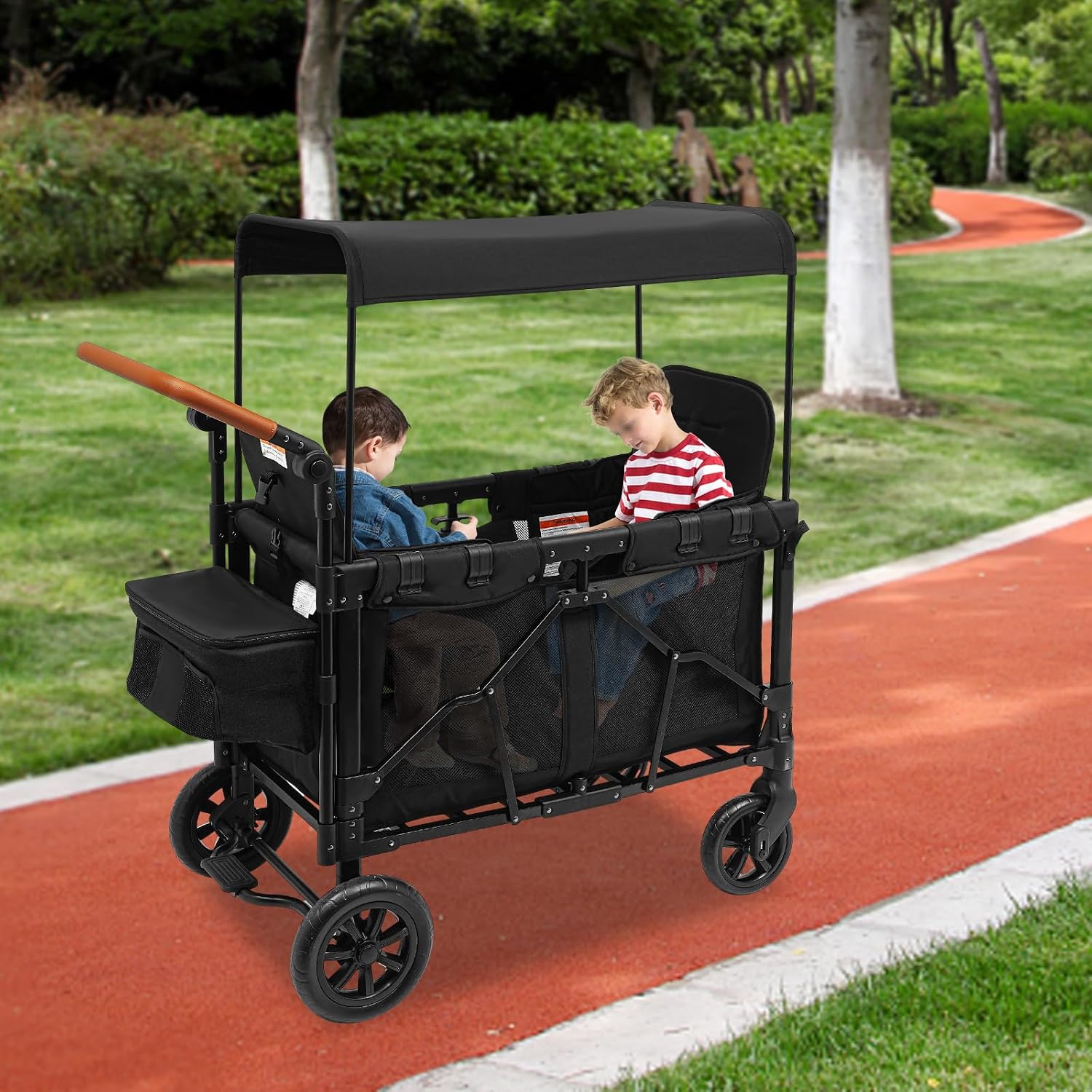 Bacocoo Double Stroller Wagon for Mountain Travel & Camping, 2-Seat All-Terrain Kids Wagon Cart with 5-Point Safety Harness, Large Sunshade, Lockable Wheels, Foldable Design.(Black)