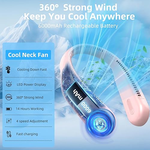 Miniatura 7 de Ventilador de cuello portátil, manos libres, personal sin aspas, recargable por USB, 6000 mAh, refrigeración de 360, pantalla LED, 4 velocidades,