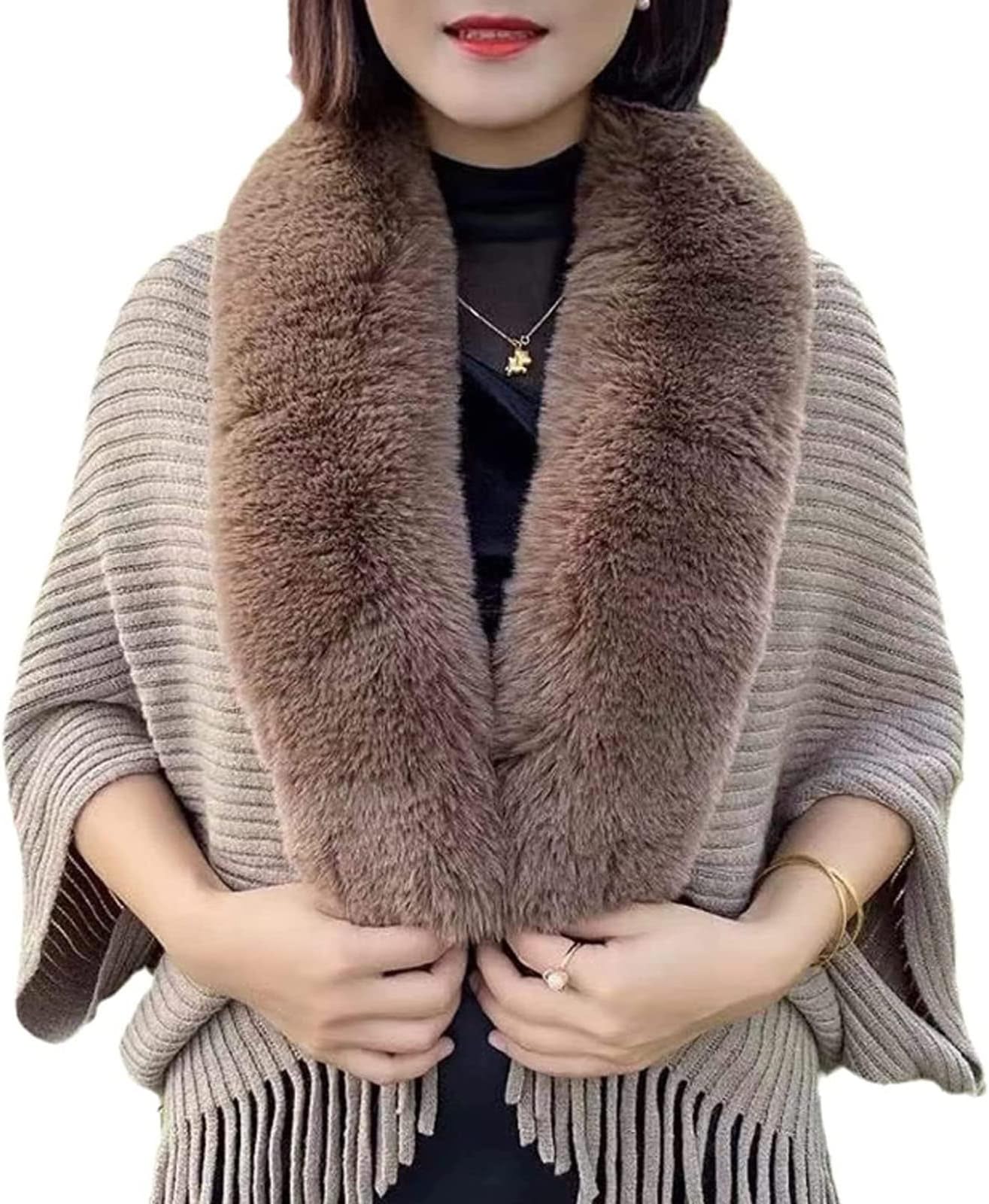 LELEBEAR Knitting Thick Women's Loose Shawl With Fur, Faux Fur Shawl Wrap for Women, Ladies Knitted Loose Thickened Shawl