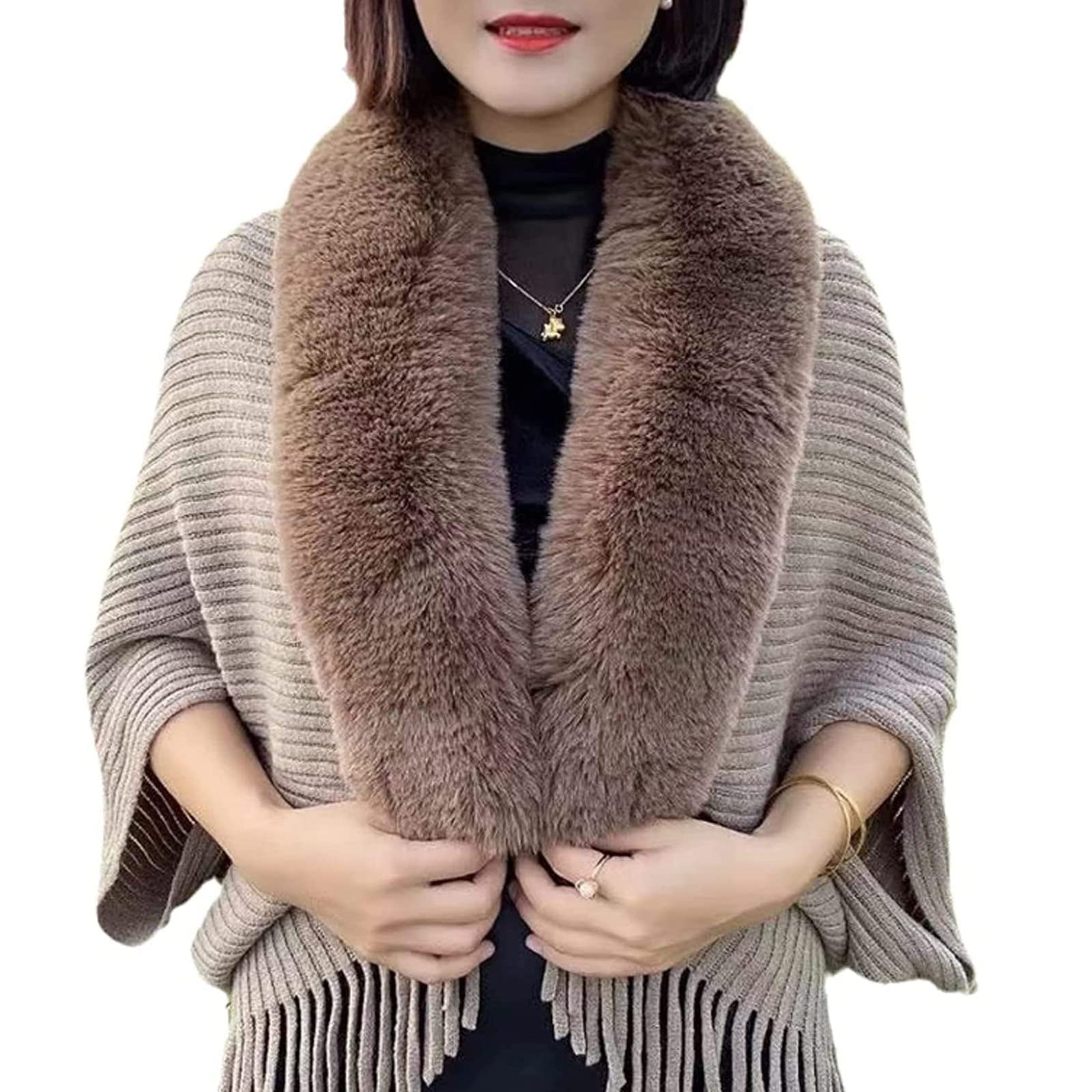 LELEBEAR Knitting Thick Women's Loose Shawl With Fur, Faux Fur Shawl Wrap for Women, Ladies Knitted Loose Thickened Shawl