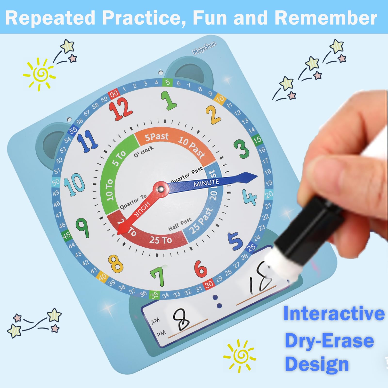 Orologio didattico per bambini, grande, magnetico, scrivibile, cancellabile a secco, con penna, 30,5 cm, orologio dimostrativo per insegnare l'ora per imparare a leggere l'ora per i bambini, a casa