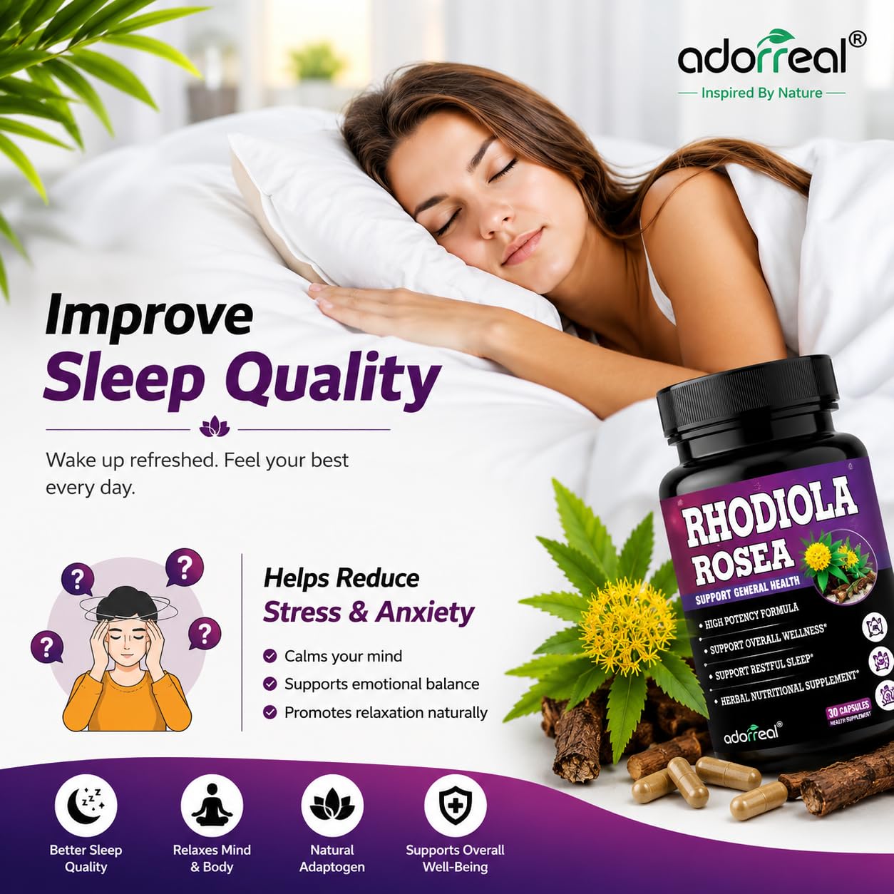 Adorreal Sports Range Rhodiola Rosea 700mg | Supports Brain Health, Memory, Focus & Mental Performance | Helps Promote Restful Sleep & Stress Management | 30 Veg Capsules 1