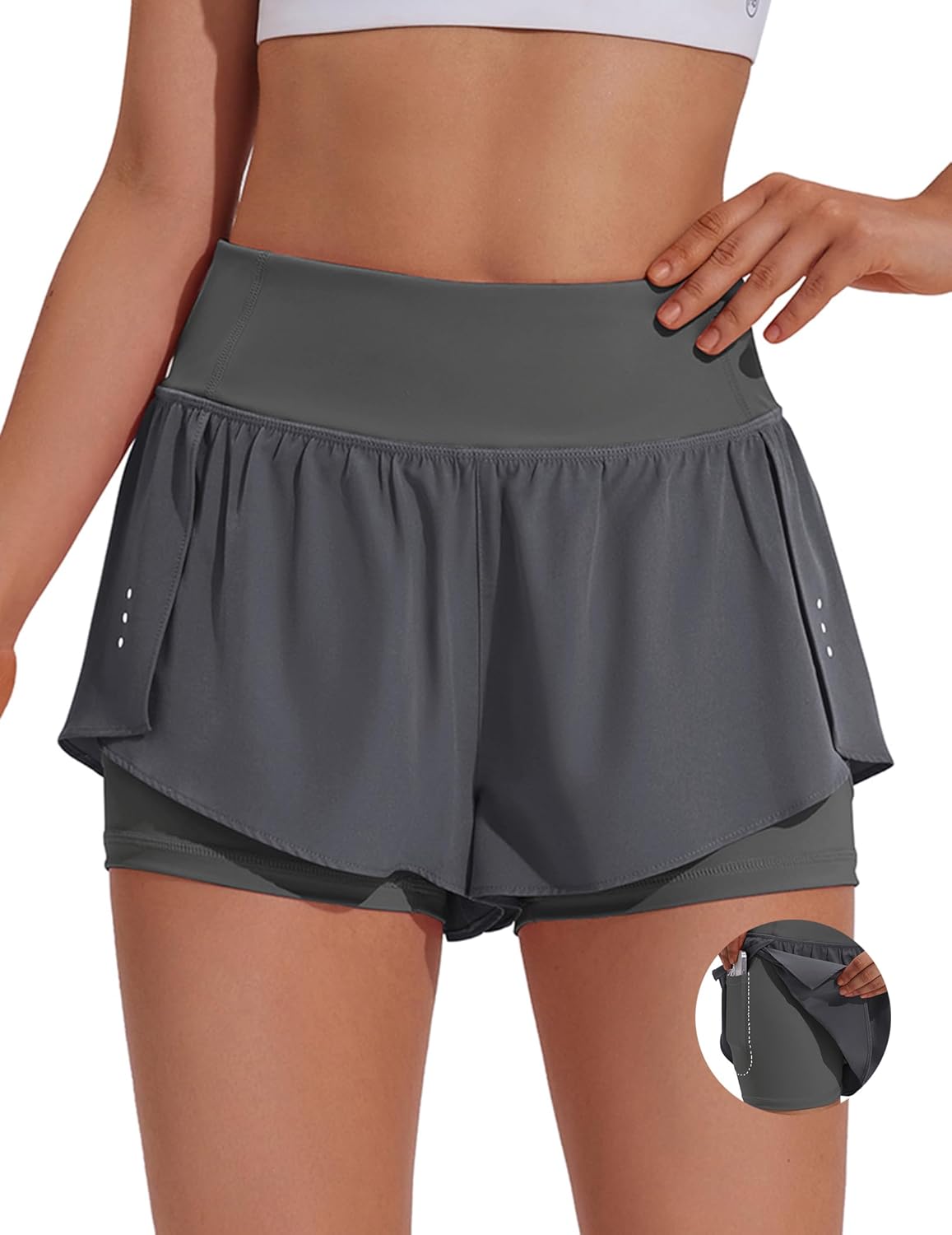 PINSPARK 2 in 1 Athletic Shorts for Women Biker Underneath Running Shorts High Waisted Gym Workout Short with Side Pockets