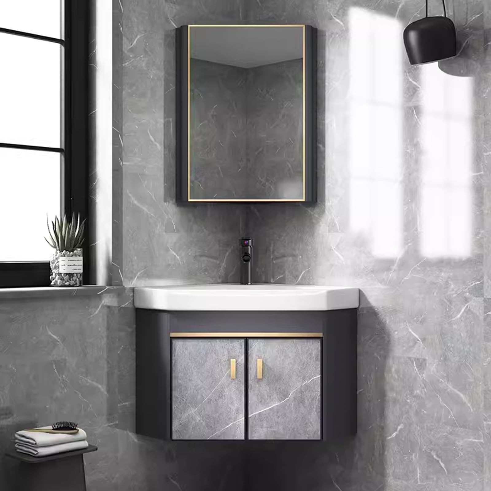 DFGHNBVC Corner Bathroom Vanity Sink Set With Ceramic Sink And Mirror Cabinet, Space-Saving Wall Mount Design For Restaurants, Bars, Cafes,48Cm