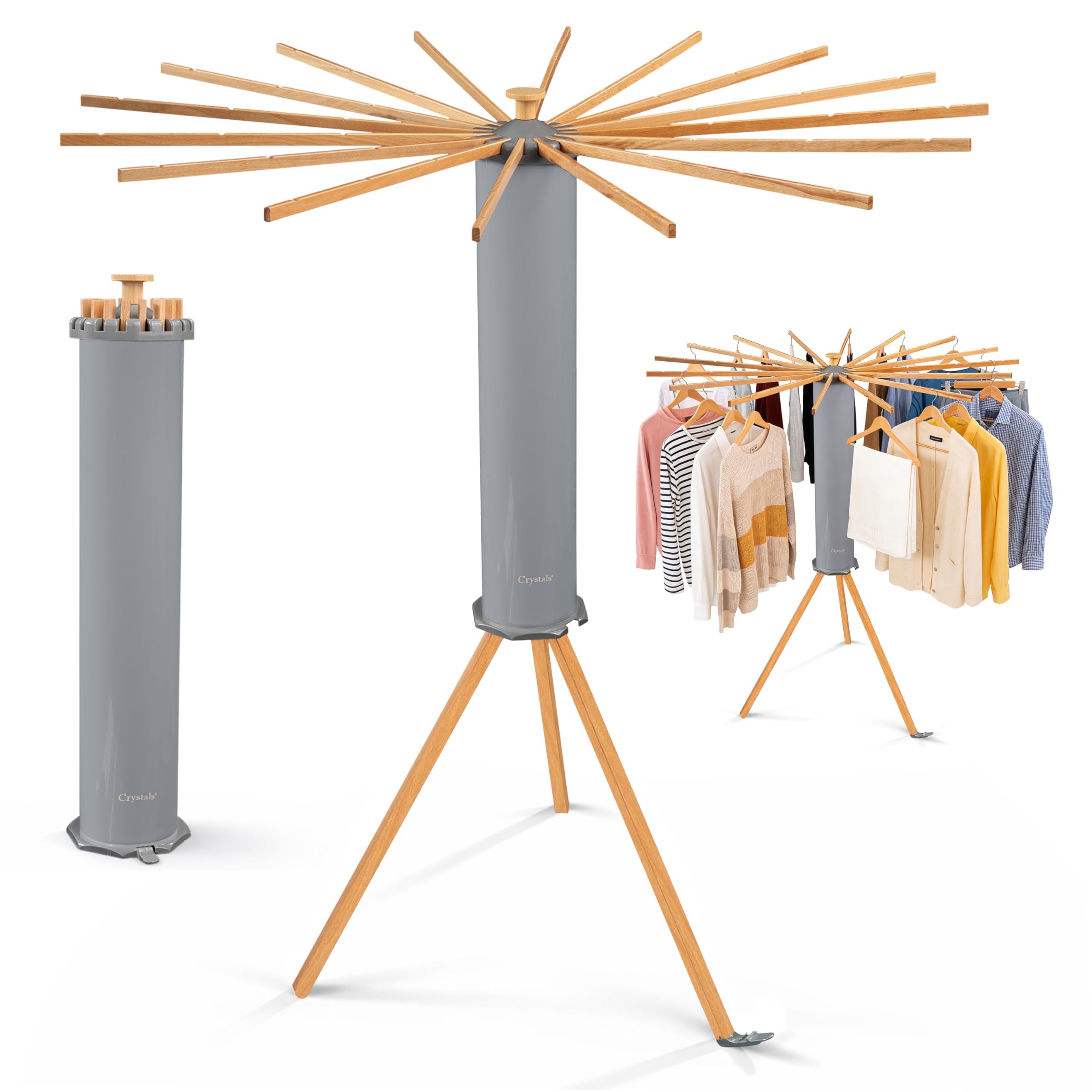 Crystals Octopus Clothes Drying Rack Airer – Portable Cloth Airer 16 Arm Wooden Collapsible Pole Tripod Laundry Dryer Horse Stand, Floor Standing Foldable Clothes Hanger for Home Use_Grey