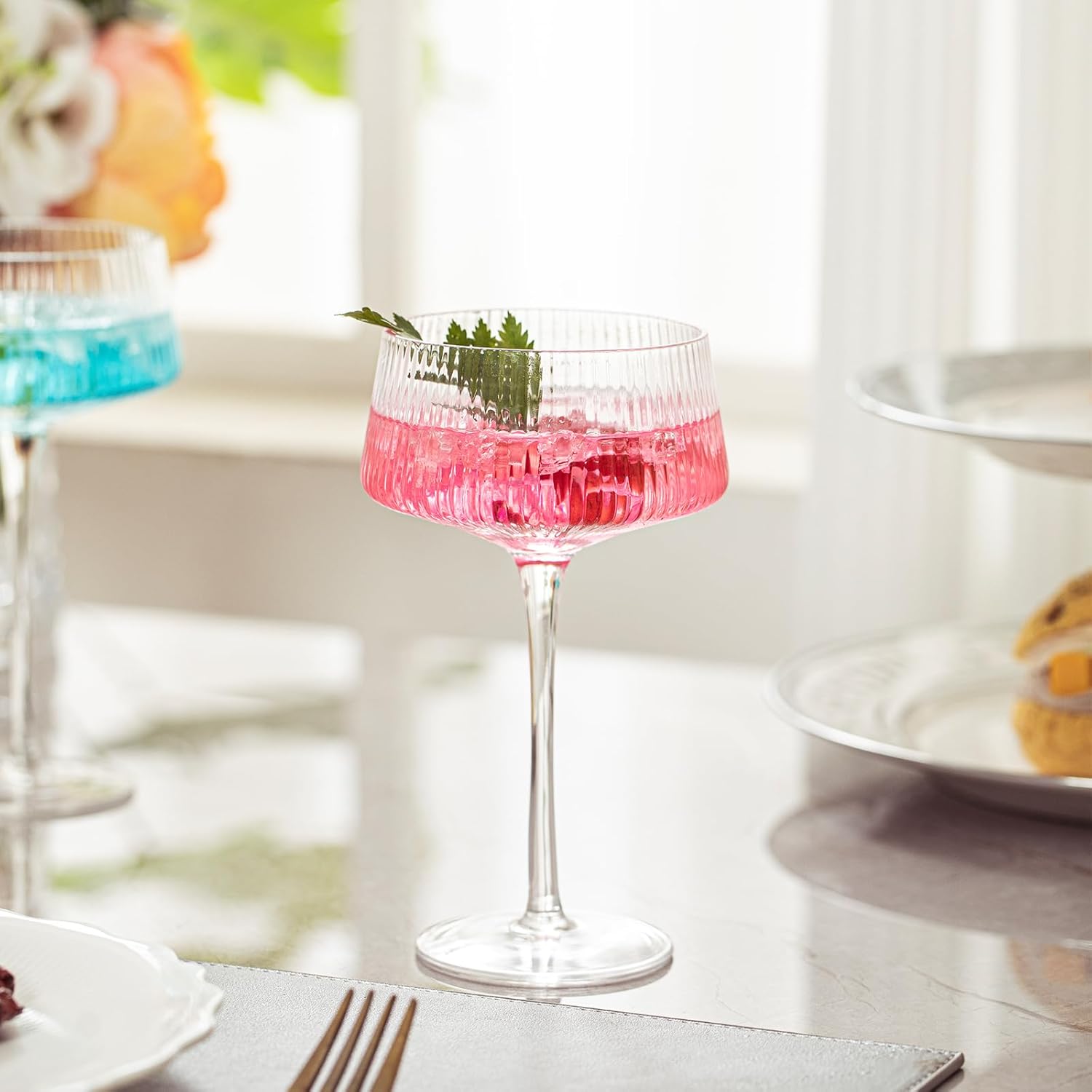 INSETLAN Set of 6 Ribbed Coupe Glasses - 8oz Crystal Stemware for Martini, Champagne, Cocktails, and Desserts - Handmade Clear Cocktail Glasses for Parties, Weddings, Home Bar, and Special Occasions