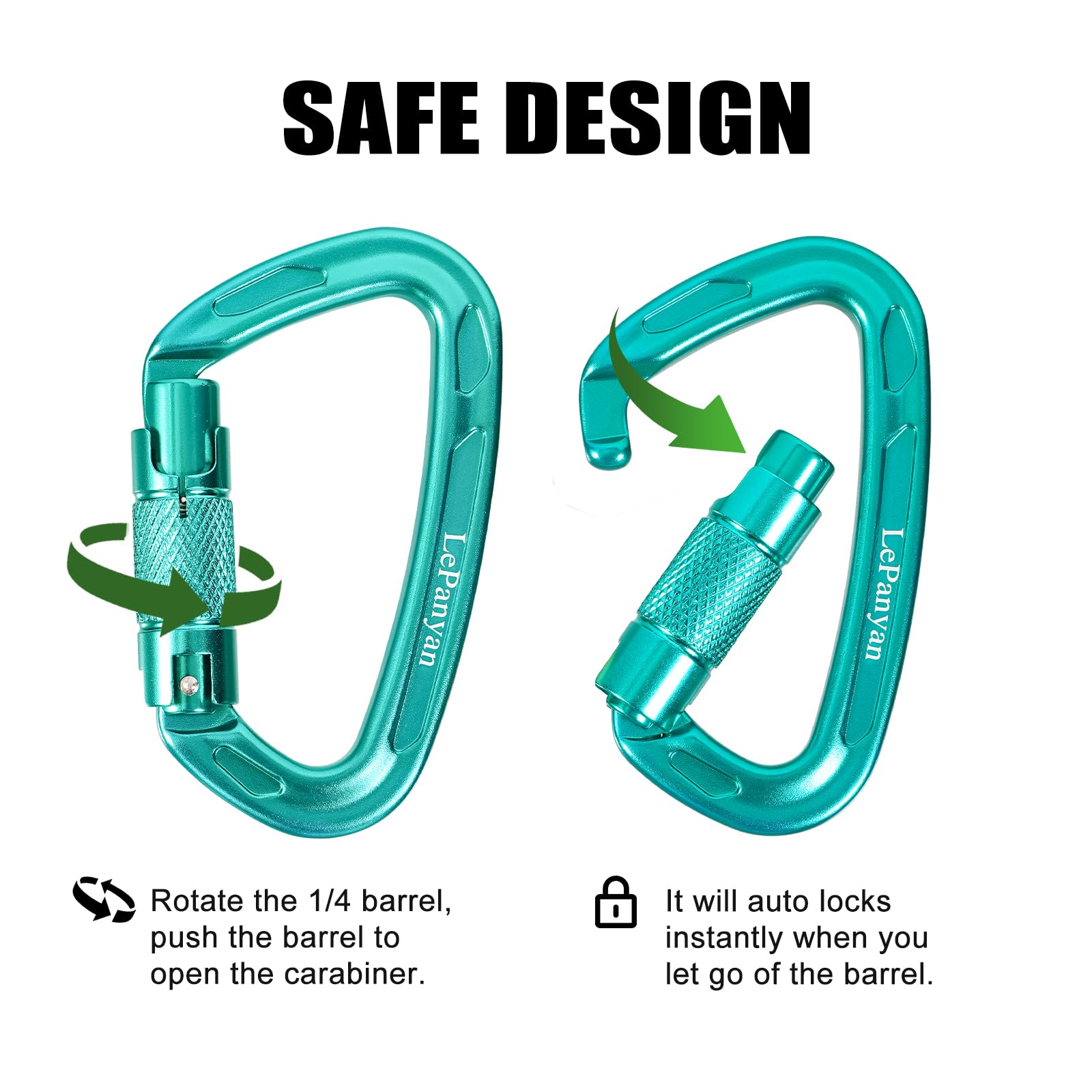 Mosquetones de escalada de bloqueo automático, 24 KN (5500 libras), bloqueo de tornillo de triple acción con puerta de bloqueo, paquete de 2, verde, para escalada en roca, rescate, hamaca, trabajo en
