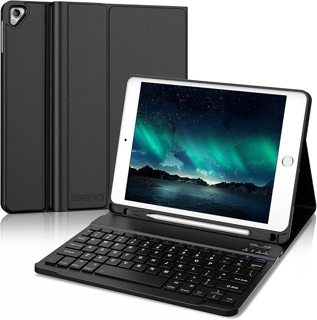 SENGBIRCH iPad Keyboard 9th Generation 2021, iPad Pro 10.5-inch Case with Keyboard, iPad Air 3 2019, Built-in Pencil Holder - Flip Stand Keyboard Case for iPad 9th/8th/7th Gen 10.2 Black