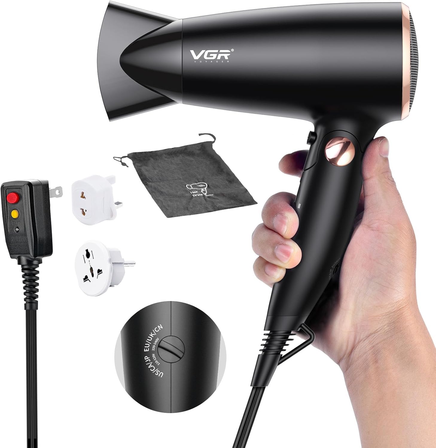 VGR Dual Voltage(100~250V) Travel Hair Dryer with European Plug Adapter for International Travel, Portable Hair Dryer with Concentrator Nozzles Travel Hair Dryer with Black Bag