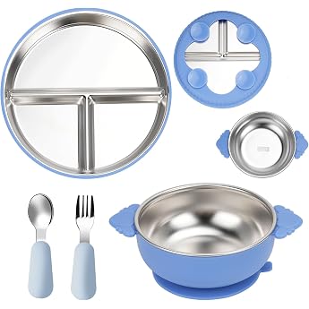 Baby Plate with Suction Cup Stainless Steel Children's Plate Crockery Set Split Plate + Porridge Bowl Baby Bowl + Spoon and Forks Baby Accessories BPA-Free Non-Slip Unbreakable