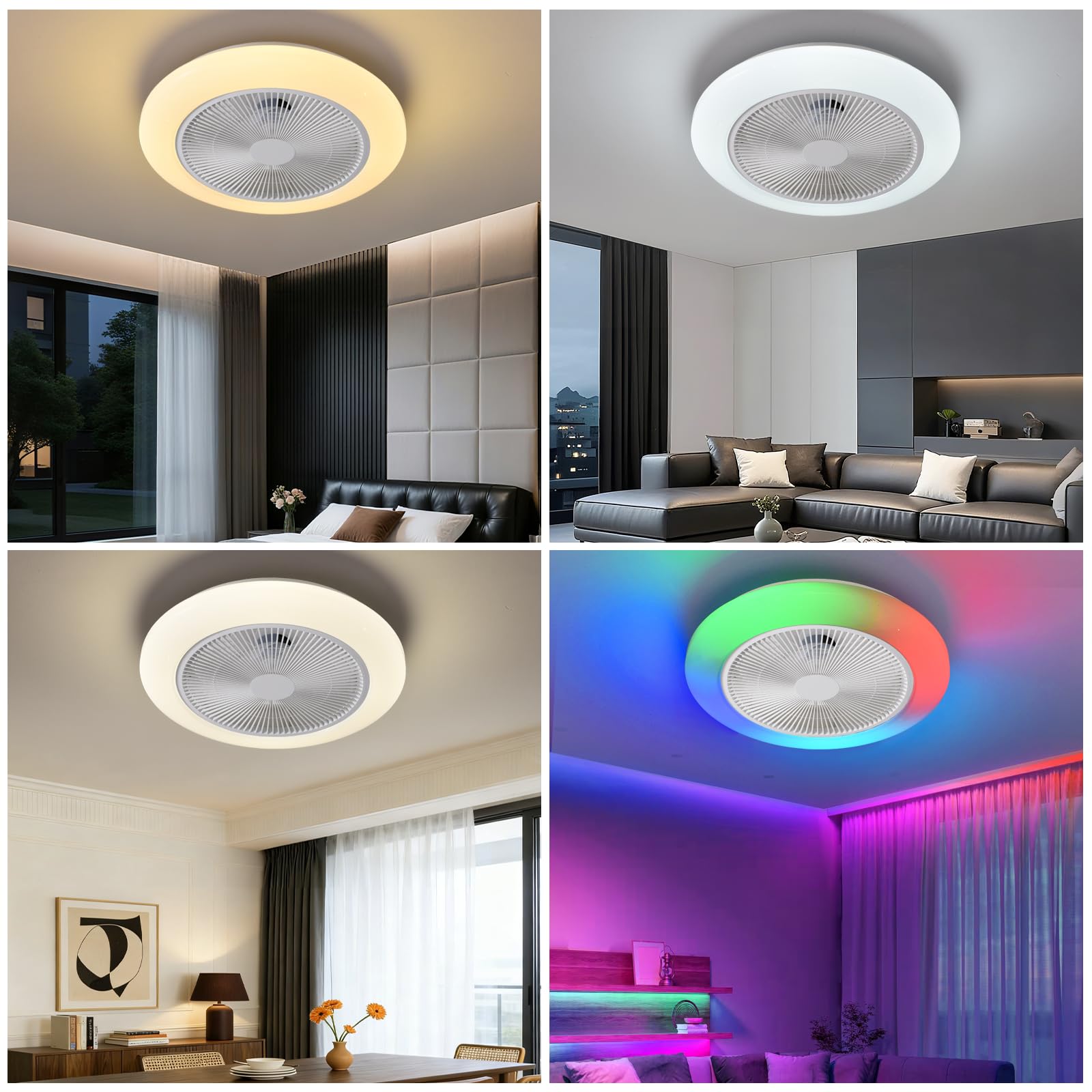 LEONTYNE Ventilador de techo inteligente RGB de 50 cm con iluminación, aplicación y mando a distancia, 7 RGB + 3 CCT regulable, motor DC silencioso, temporizador de memoria reversible, plano para