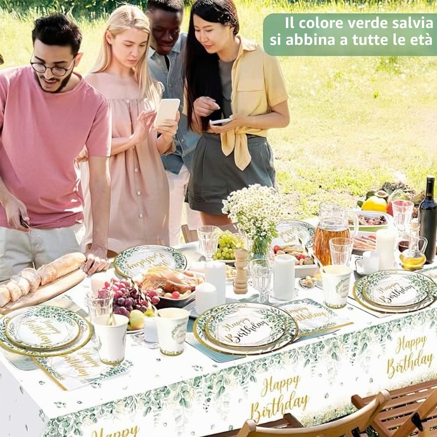 Piatti Compleanno Verde Salvia per 25 Ospiti, 125pcs Piatti di Carta Buon Compleanno Kit toviglie per Feste Bicchieri Tovaglioli Cannucce Verdi Dorato per Decorazioni Ragazzi Ragazze