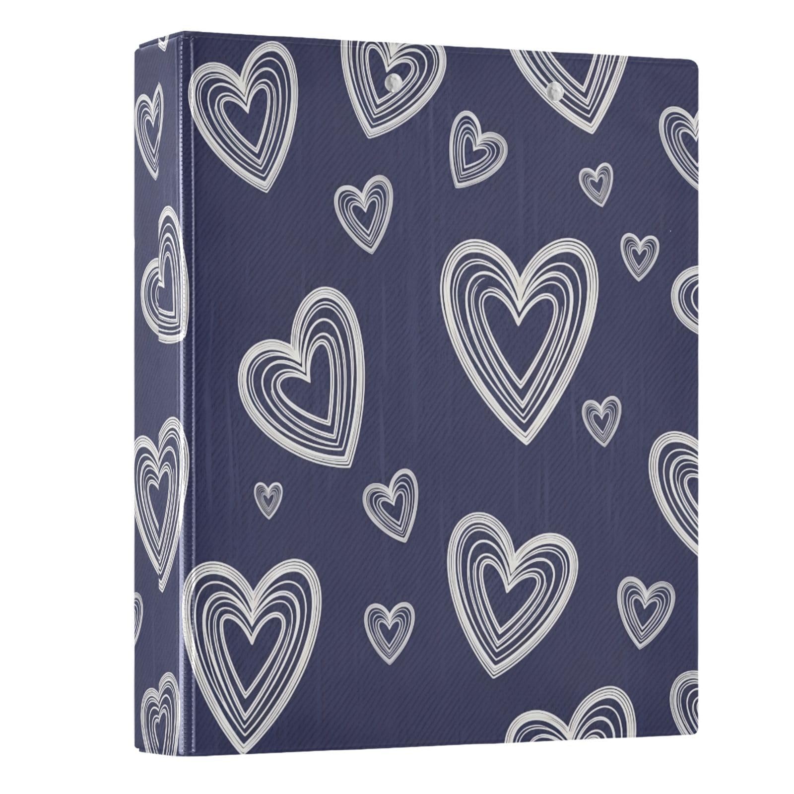 Carpeta de 3 anillos de 1.5 pulgadas con corazones de garabatos blancos, carpeta de anillos redondos con clip de metal, organizador A4 para el hogar y la oficina, paquete de 2