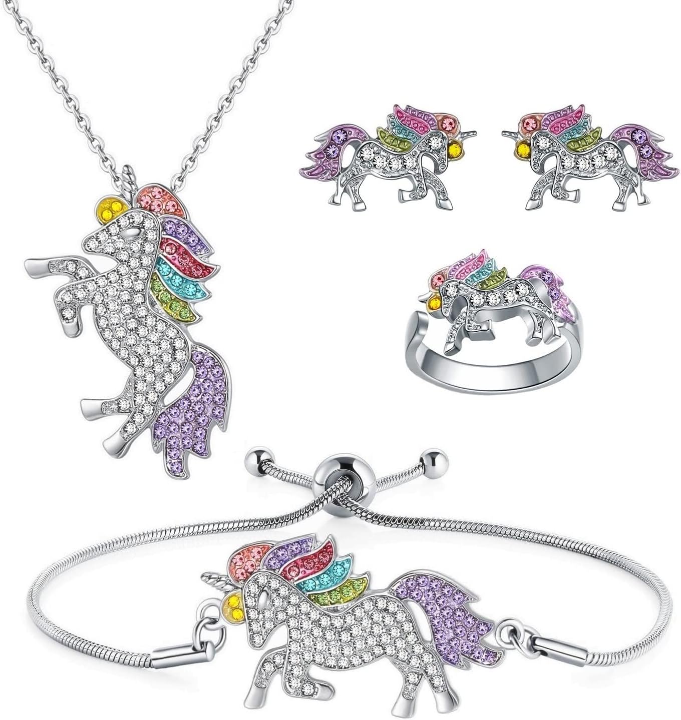 Unicorns Gifts for Girls Kids Jewelry 2 or 4 Pack Unicorn Necklace Bracelet Earrings Ring Jewelry Set Birthday Gifts for Girls Daughter Granddaughter Niece