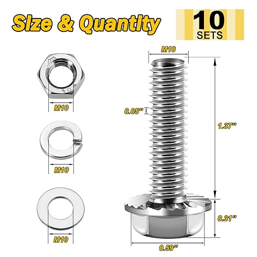 Miniatura 7 de Perno M6x1.0 (10 juegos) M6 x 0.787 in Brida Hex Head Tuercas y Pernos, Tornillos hexagonales de brida de perno M6 con tuercas y arandelas, Surtido