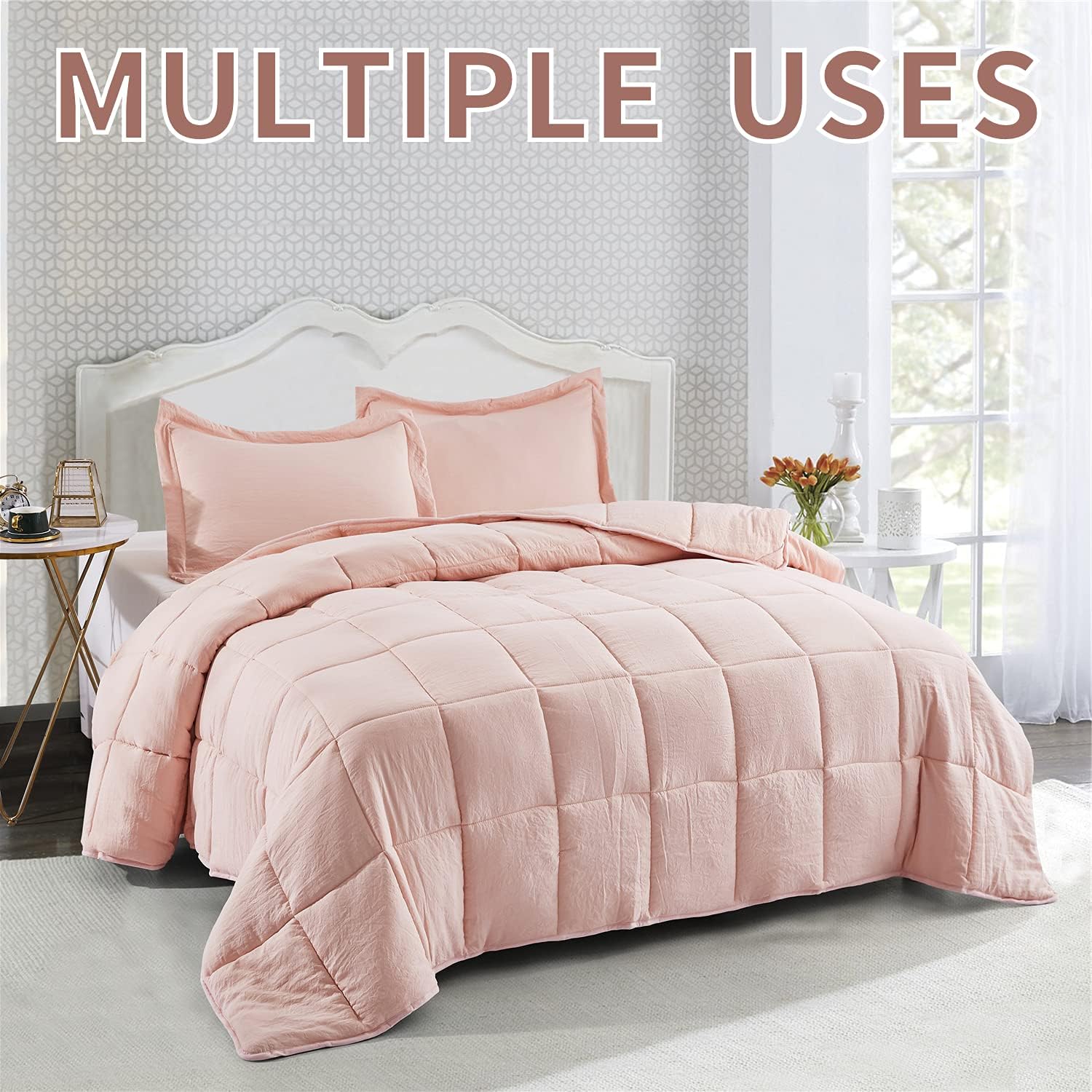 HUAJIE 3 Pieces All Season Prewashed Down Alternative Quilted Comforter Set with Corner Tabs -Duvet Insert -Box Stitched-Super Soft Fiberfill Chic Farmhouse Style Bedding