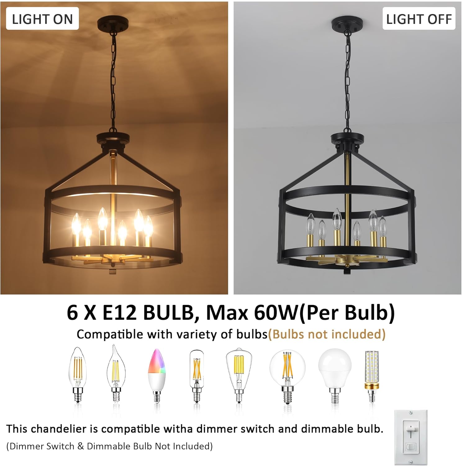 6-Light Modern Farmhouse Chandelier, Black and Gold Semi Flush Mount Ceiling Light Fixture Convertible Hanging Pendant Lights, Rustic Vintage Chandeliers for Dining Room Foyer Kitchen Bedroom Entryway