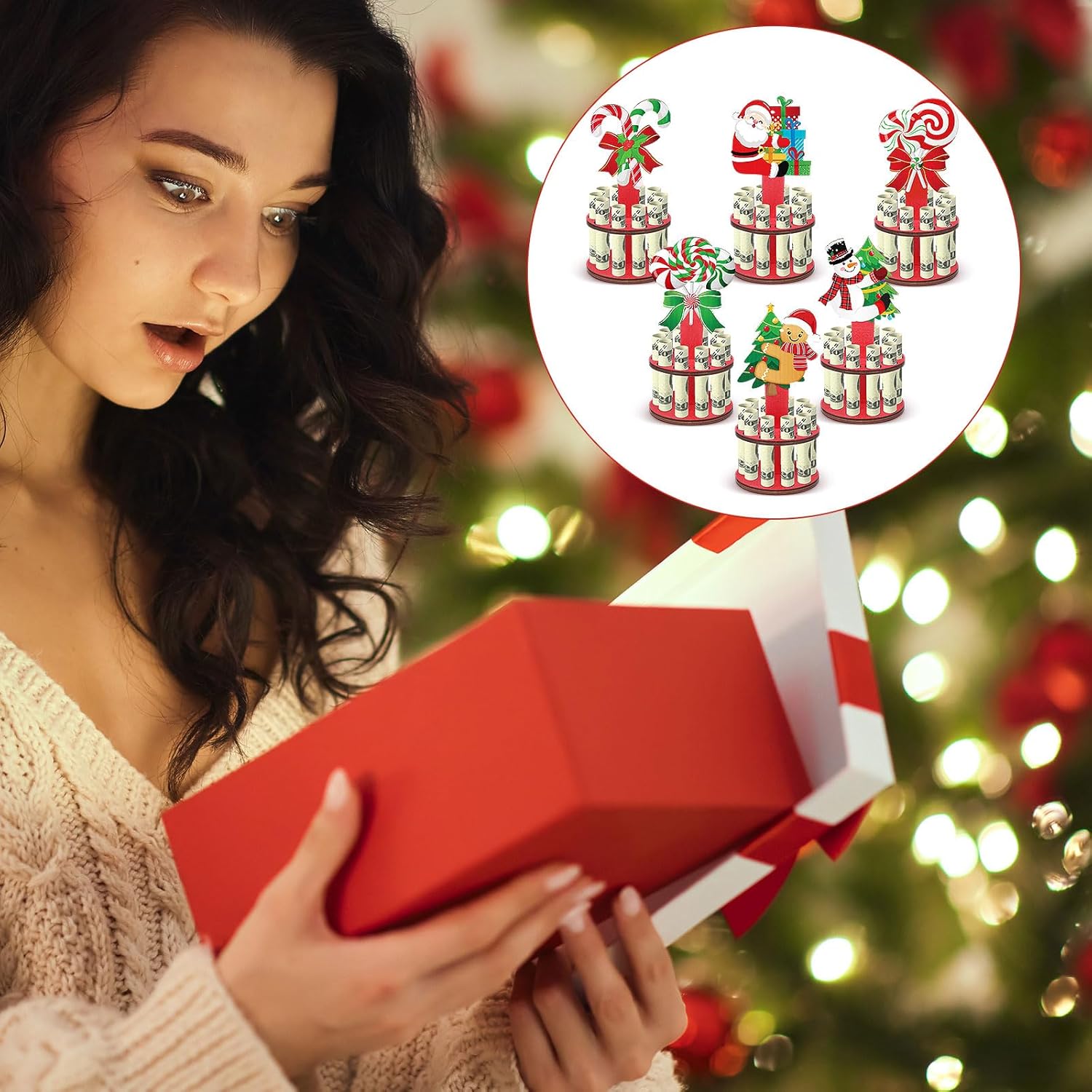 Blosssound 6 Pieces Money Holders Wooden Cash Holder with 10 Holes Candy Money Dispenser Cash Tree Table Decor for Holiday Party Favors Supplies(Christmas)