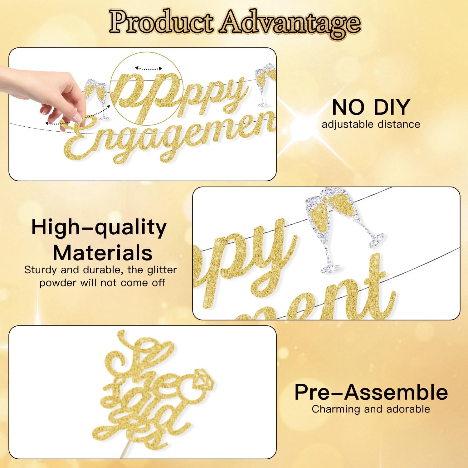 Champagne Gold Engagement Party Decorations ，Pre-Strung Glitter Happy Engagement Banner, Cake Topper，Cupcake Toppers，for Almost Married/Just Engaged Photo Background Decor - Image 5