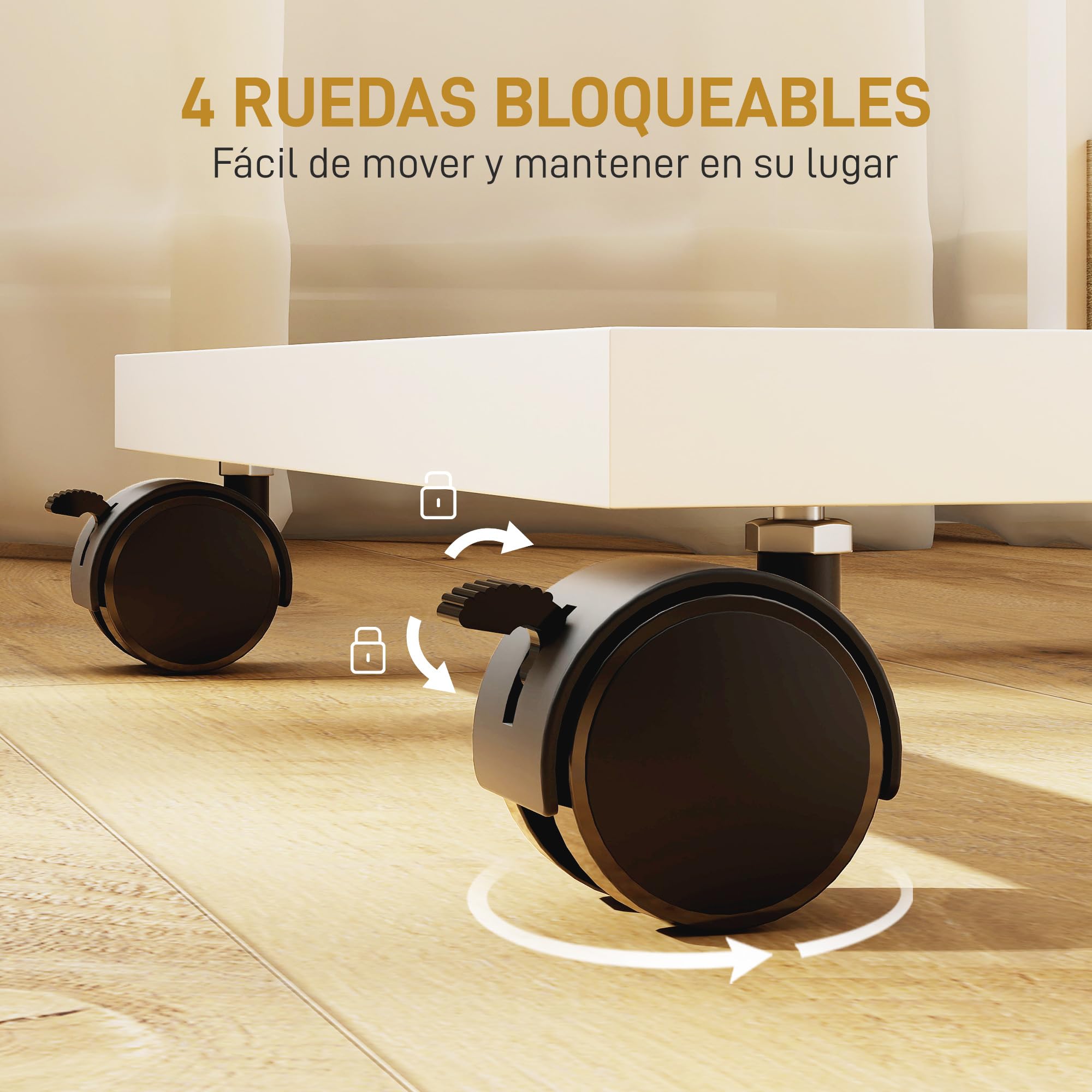 HOMCOM Mesa Auxiliar con Ruedas 2 Estantes, 51x33x66 cm, Natural y Blanco | Mesa Auxiliar para Sofá en Forma de C, Estantes Abiertos, Marco de Acero, para Salón, Dormitorio