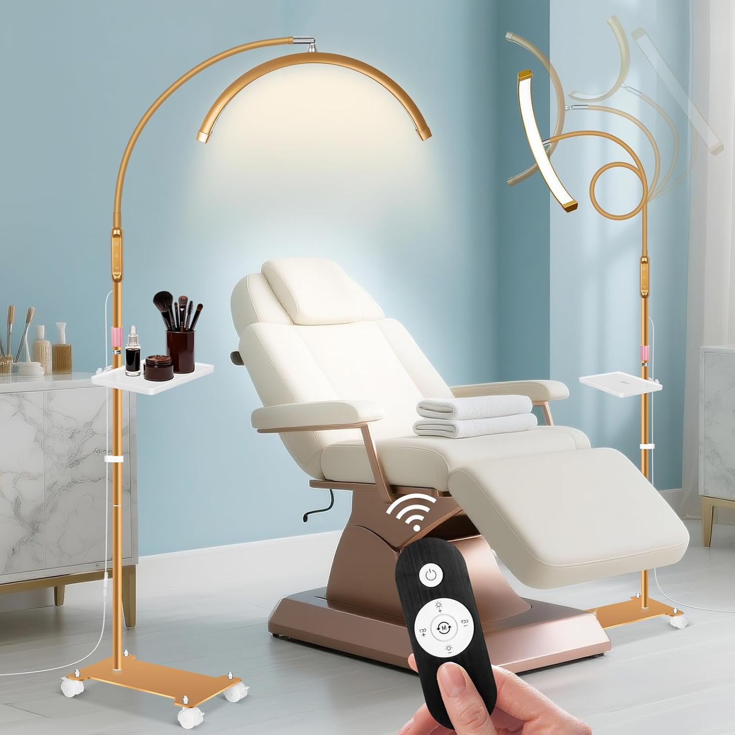 KIRKAS Lash Light Half Moon Lamp with Tool Tray, Flexible Gooseneck Lash Nail Tech for Esthetician Eyelash Extension, Tattoo, 18 Inch LED Floor Lamp with Roller Base Adjustable Brightness Color-Gold