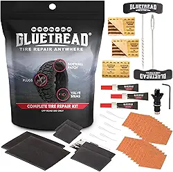 Kit completo de reparo de pneu off-road GlueTread | Repare qualquer tipo de perfuração de pneu | Inclui remendos de reparo de pneu de parede lateral, plugues e uma haste de válvula de emergência Colby