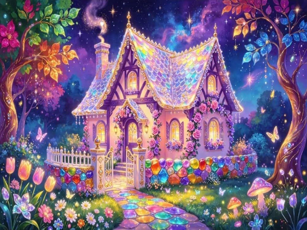 GLTEYACO 5D Diamond Painting Diamond Art Kits DIY Adult Beginner Diamond Crafts Home Wall Decoration Fairytale House 40x50 cm