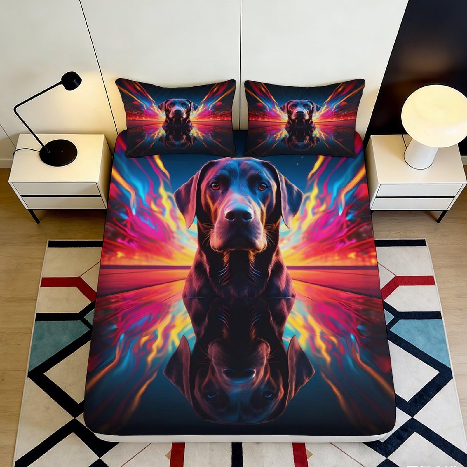 3D Printed Vibrant Dog Art Fitted Sheet Microfiber Bedroom Dorm Bed Cover with Color Splash Mattress Protection Decor 90x200x25cm